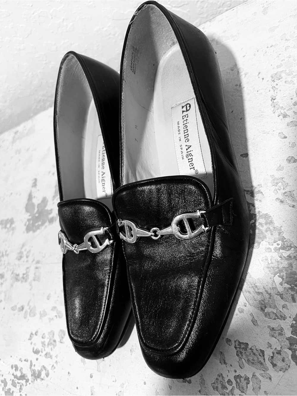 SOLD- Etienne Aigner Black Leather Zoey Loafers with Gold Horsebit - Size 7
